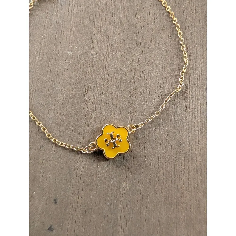 TORY BURCH Kira Yellow Enamel Flower Logo T Gold Chain Bracelet